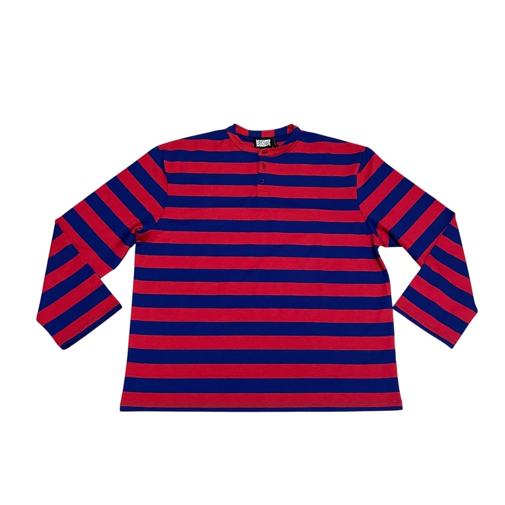 Reclaimed Vintage Men's Large Red Blue Striped Long Sleeve Rugby Henley Shirt